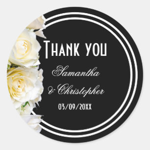White rose on black bridal wedding thank you classic round sticker