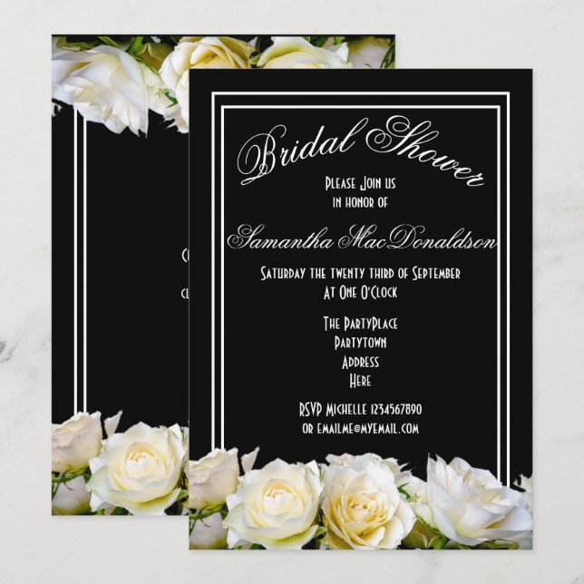 White rose on black floral bridal shower invitation (Front/Back)