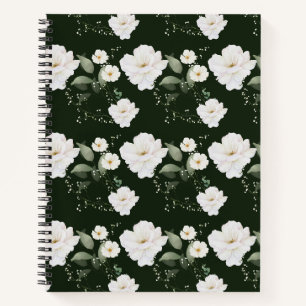 White Rose on Black Floral Spiral Notebook