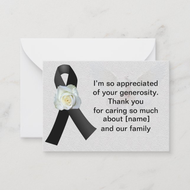 White Rose On Black Ribbon After Funeral Thank You Card (Front)