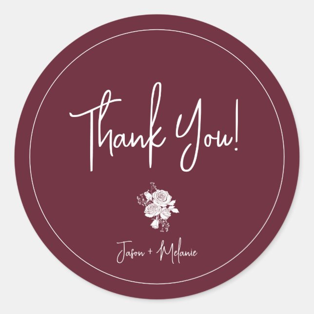 White Rose on Burgundy Thank You Sticker (Front)