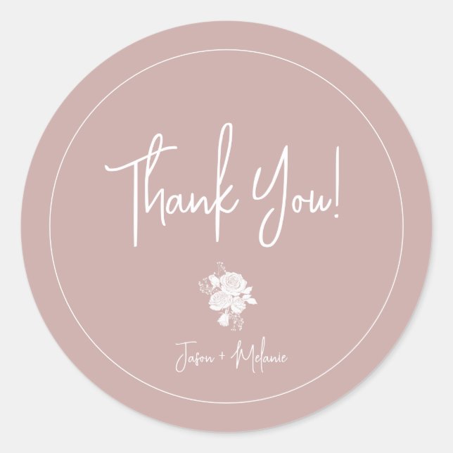 White Rose on Dusty Pink Thank You Sticker (Front)