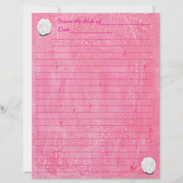 White Rose on Lined Pink Stationery Custom Letterhead (Front)