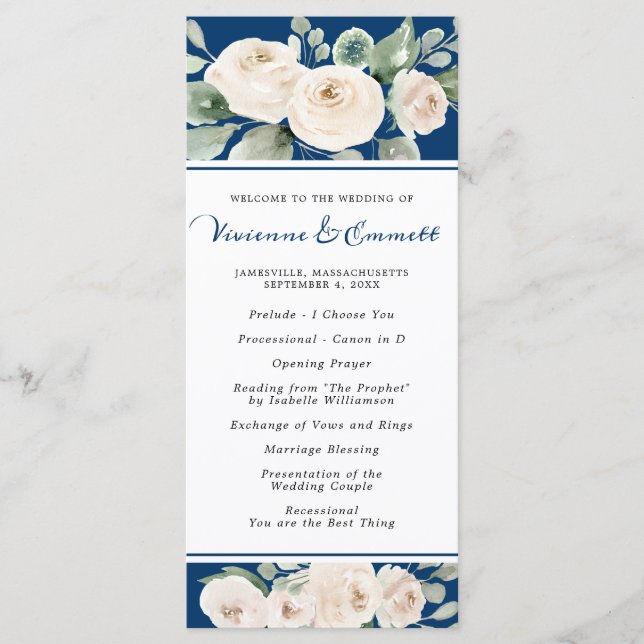 White Rose on Navy Blue Wedding Programme (Front)