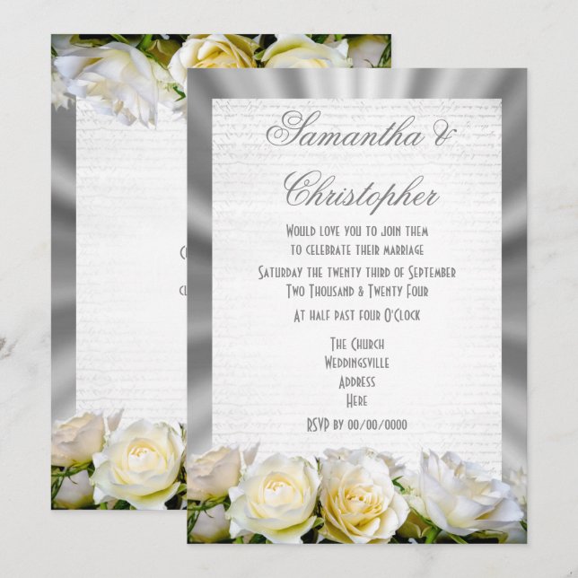 White rose on silver grey wedding invitation (Front/Back)