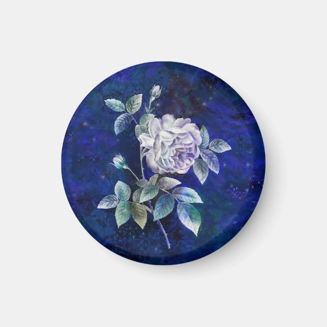  White Rose on Textured Blue- Navy Ground Magnet (Front)