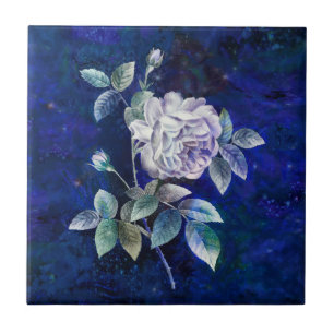  White Rose on Textured Blue- Navy Ground Tile