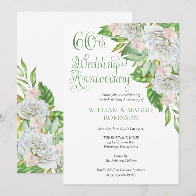 White Rose Orchid 60th Wedding Anniversary Party  Invitation (Front/Back)
