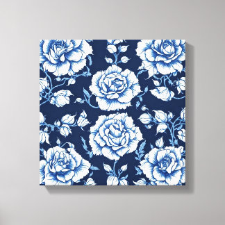 White Rose Pattern & Royal Blue Background Art Canvas Print