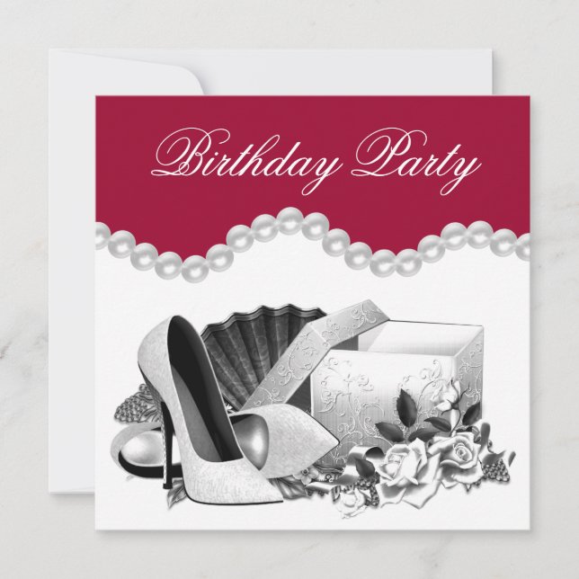 White Rose Pearls High Heels Red Birthday Party Invitation (Front)