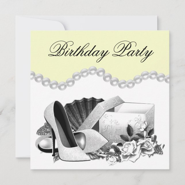 White Rose Pearls High Heels Yellow Birthday Party Invitation (Front)