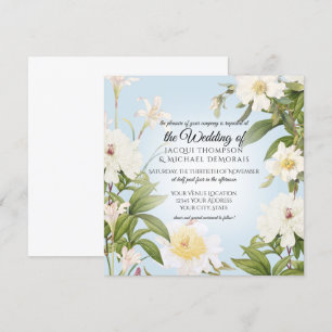 White Rose Peony Vintage Sky Blue Floral Wedding Invitation
