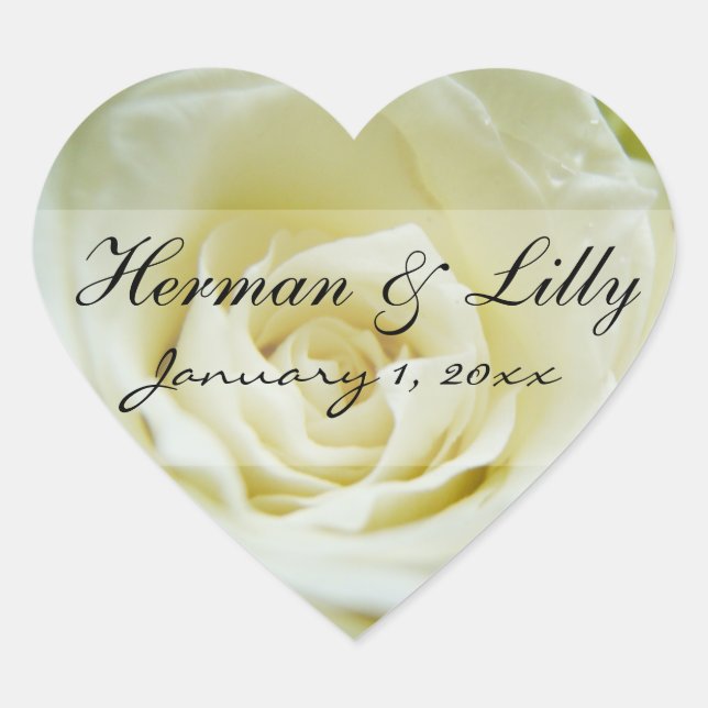 White Rose Personalised Wedding Heart Sticker (Front)