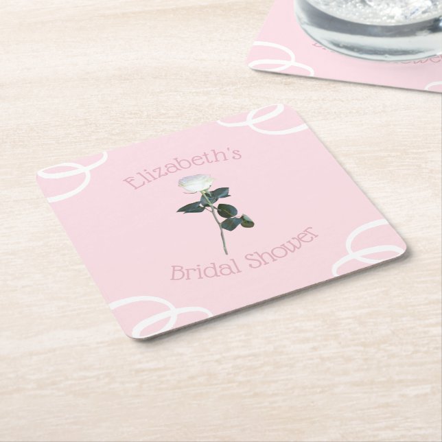 White Rose Petal Pink Bridal Shower Square Paper Coaster (Angled)