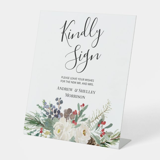 White Rose & Pine Kindly Sign Wedding Guest Book (Front)
