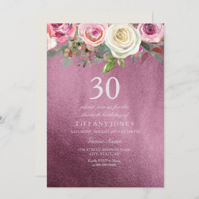White Rose Pink Burgundy Foil 30th Birthday Invite (Front/Back)