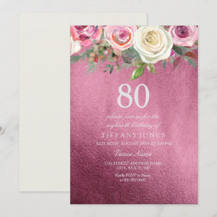 White Rose Pink Burgundy Foil 80th Birthday Invite
