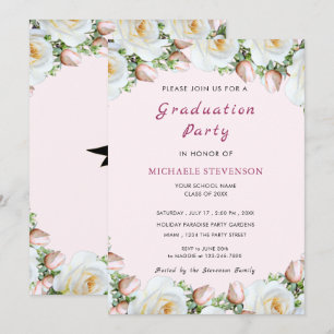 White Rose Pink Graduation Invitation Card