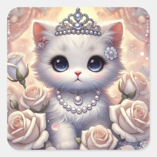 White Rose Princess Cat Square Sticker