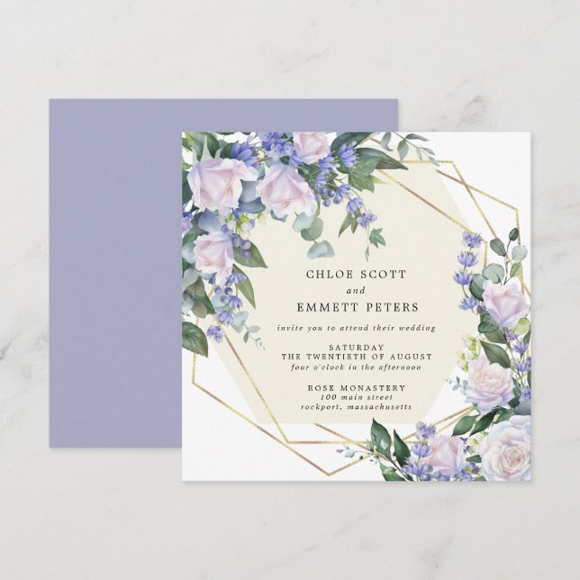 White Rose Purple Blue Floral Wedding Invitation (Front/Back)