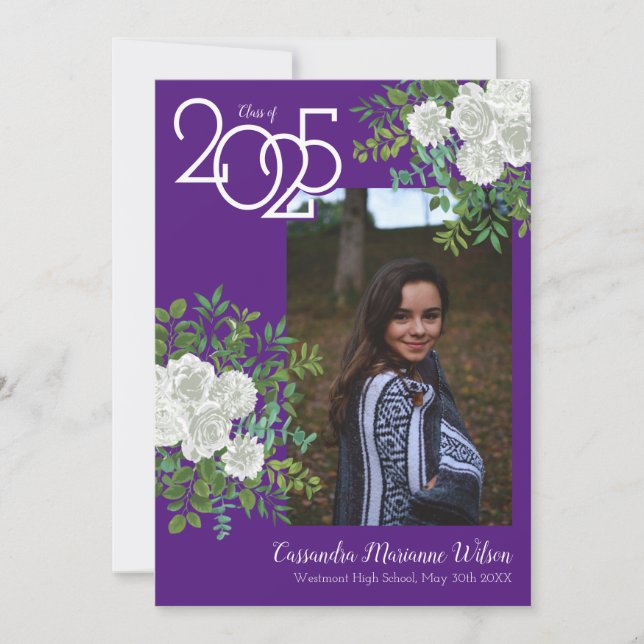 White Rose Purple Photo Graduation Announcement (Front)