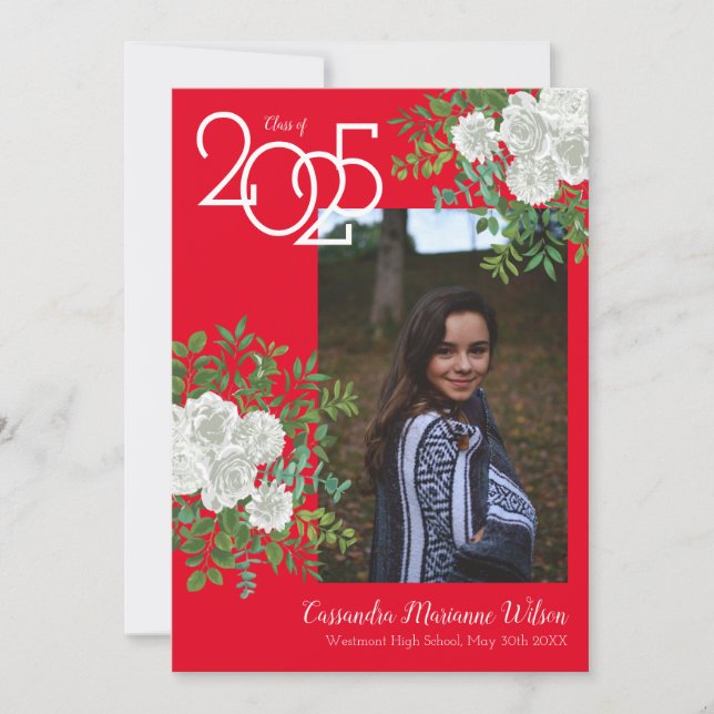 White Rose Red Photo Graduation Announcement (Front)