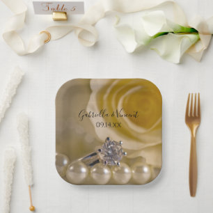 White Rose, Ring and Pearls Wedding Paper Plate