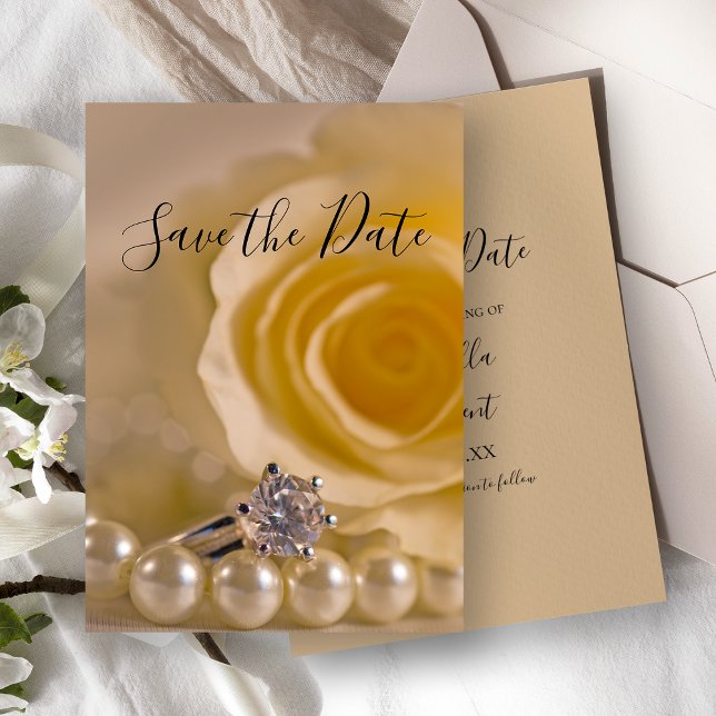 White Rose, Ring and Pearls Wedding Save the Date Invitation (Creator Uploaded)