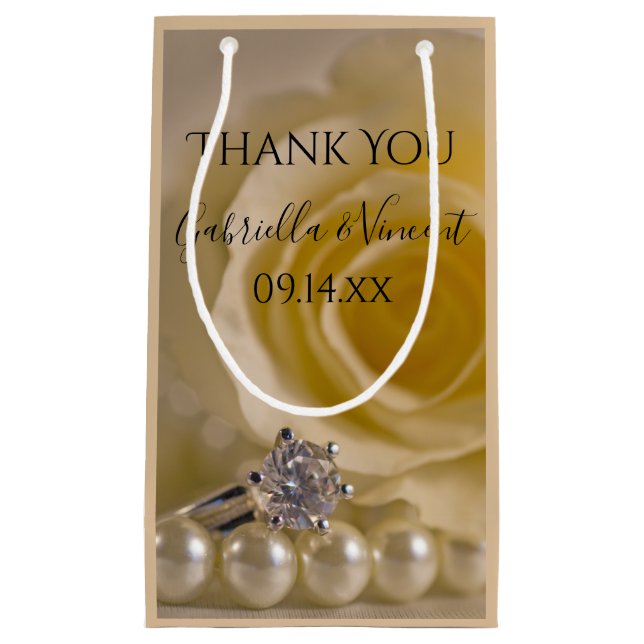 White Rose, Ring and Pearls Wedding Thank You Small Gift Bag (Front)