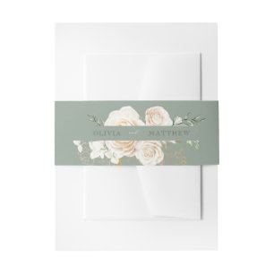 White Rose & Sage Green Flower Wedding Invitatio Invitation Belly Band