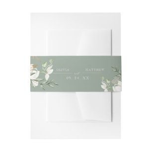 White Rose & Sage Green Flower Wedding Invitation Belly Band