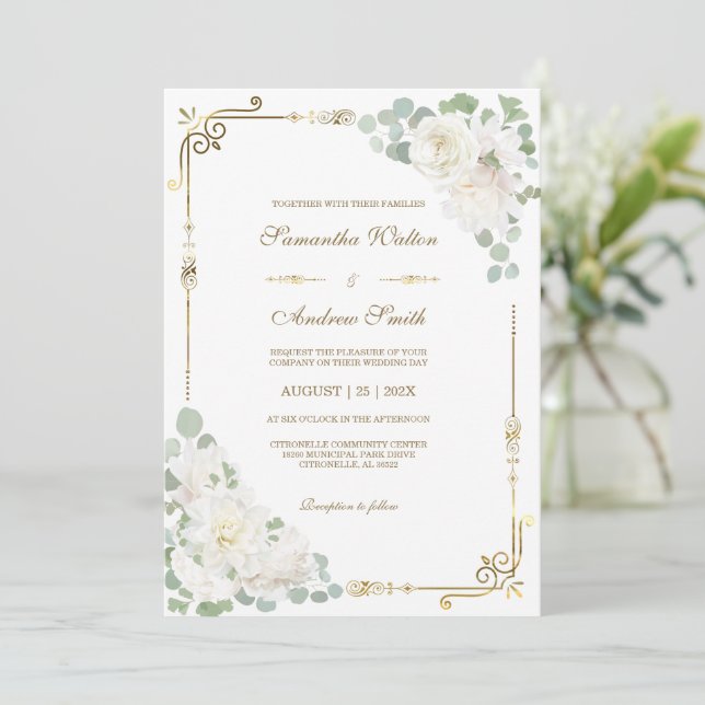 White Rose Sage Green Gold Wedding Invitation (Standing Front)