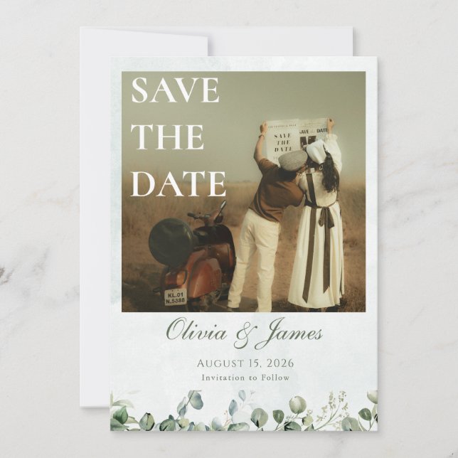 White Rose & Sage Green Save the Date Card (Front)