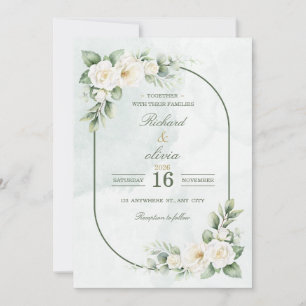 White Rose & Sage Green Wedding Invitation
