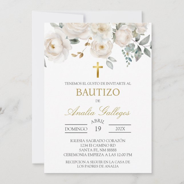 White rose Spanish baptism Invitation (Front)