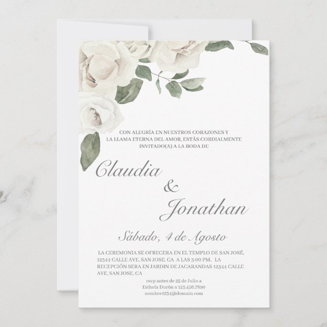 White rose spanish wedding invite (Front)