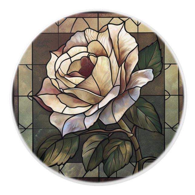 White Rose Stained Glass Pearl Mosaic  Ceramic Knob (Front)