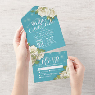 White Rose String Light Blue Gradient Wedding RSVP All In One Invitation