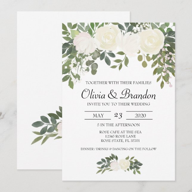 White Rose Watercolor Flowers Invitation (Front/Back)