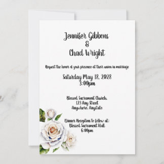 White Rose Wedding Invitation, 5x7"  Invitation