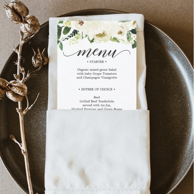 White Rose Wedding Menu or Bridal Shower Menu Card (Creator Uploaded)