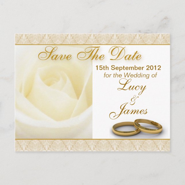 White Rose & Wedding Rings Save The Date Card (Front)