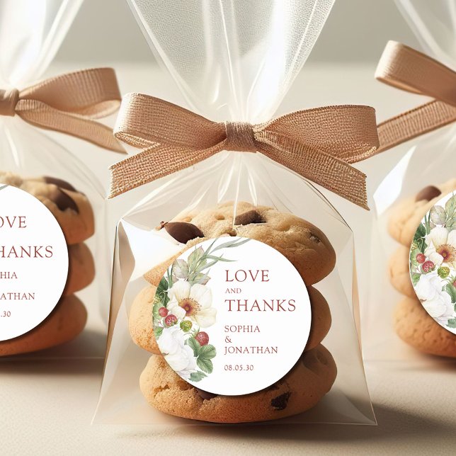White Rose Wild Strawberry Wedding Thank You Classic Round Sticker (White Rose and Wild Strawberry Love and Thanks Wedding Favor Stickers)