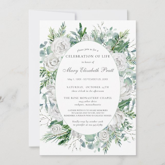 White Rose Winter Greenery Botanical Funeral  Invitation (Front)
