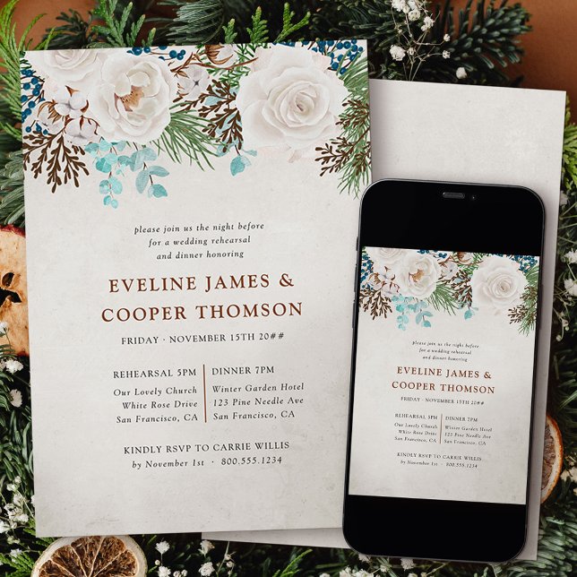 White Rose Winter Wedding Rehearsal Dinner Invitation (Christmas wedding invitation from my Winter White Roses collection)