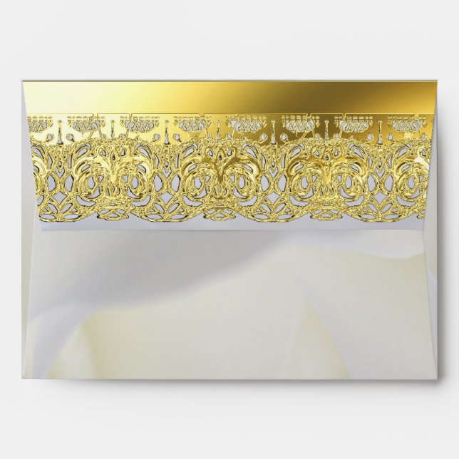 White Rose with Gold Lace Wedding Envelope (Back (Top Flap))