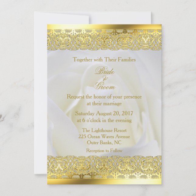 White Rose with Gold Lace Wedding Invitation (Front)