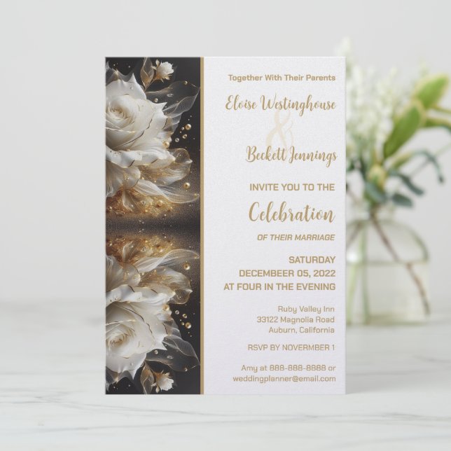 White Rose with Gold Wedding Invitation (Standing Front)