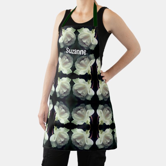 White Rose With Raindrops Pattern Personalised Apron (Insitu)