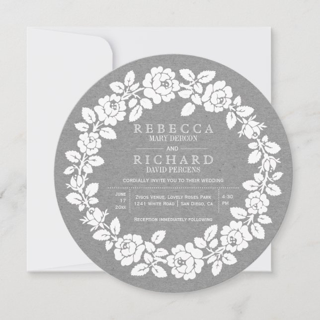 White rose wreath grey kraft paper wedding invitation (Front)